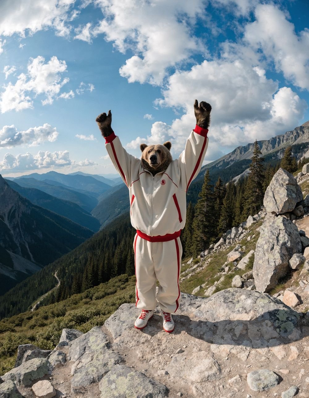 Un ours en survêtement blanc et rouge, bras levés en signe de victoire, au sommet d'une montagne